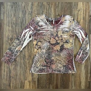 Cubism L/S Waffle Knit Textured Shirt Blouse Womens Medium Ruffles Abstract